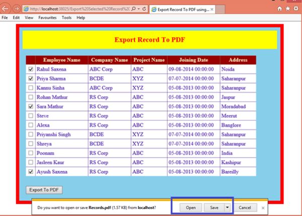 click on Export to PDF button